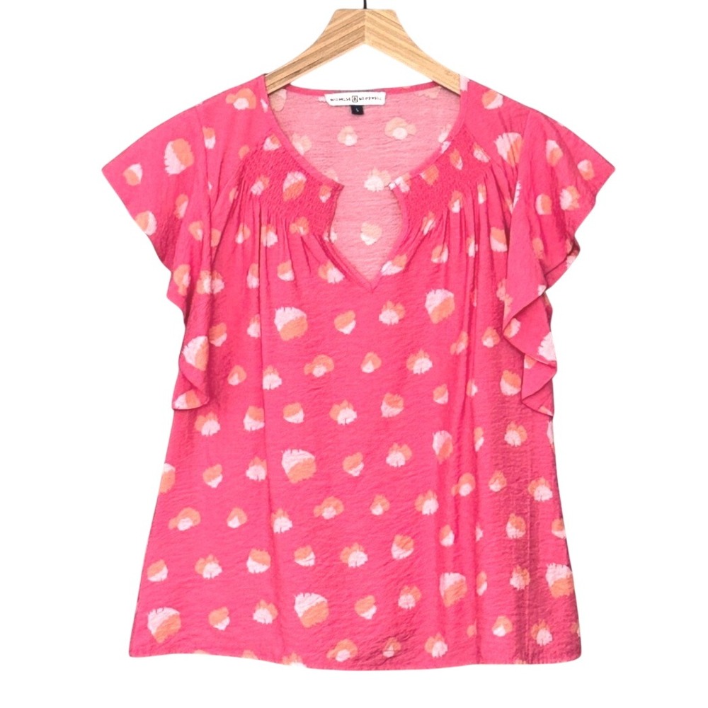 Michelle McDowell Womens Top S Pink Abstract Ruffle Bright Barbie Preppy Girlie